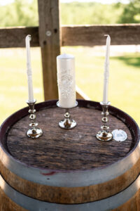 wedding candles on wine barrel, winery wedding decor