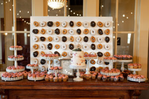 donut wall and wedding cake display